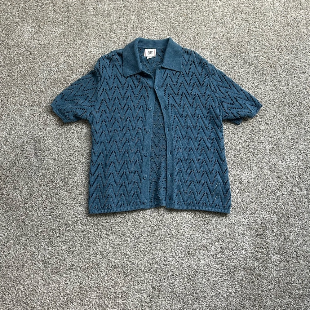 Dark Blue Urban Outfitters Crocheted Button-Up Polo